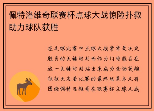 佩特洛维奇联赛杯点球大战惊险扑救助力球队获胜