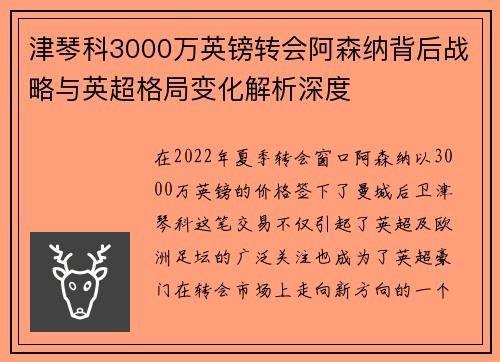津琴科3000万英镑转会阿森纳背后战略与英超格局变化解析深度