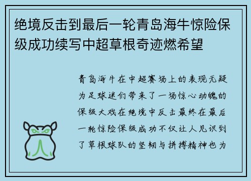绝境反击到最后一轮青岛海牛惊险保级成功续写中超草根奇迹燃希望